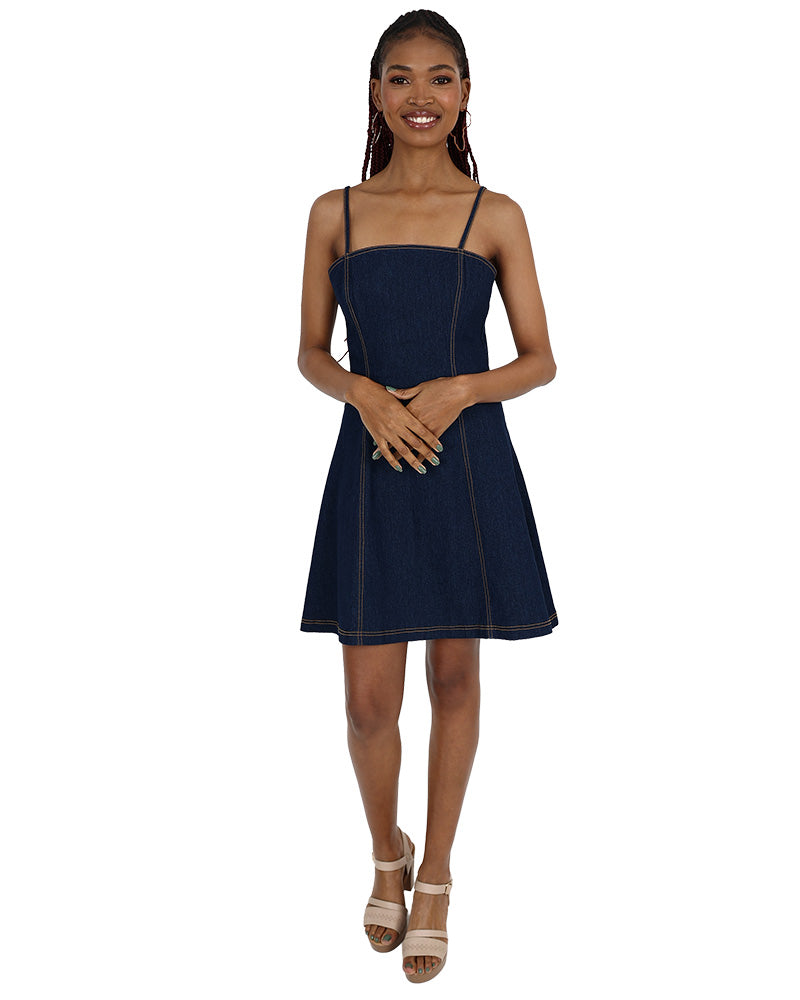 Strappy Dark Indigo Fit & Flare Denim Panelled Dress