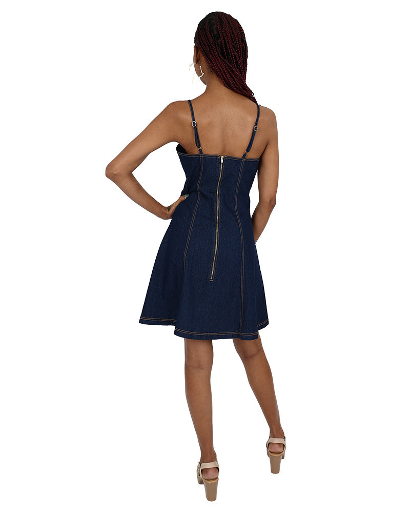 Strappy Dark Indigo Fit & Flare Denim Panelled Dress