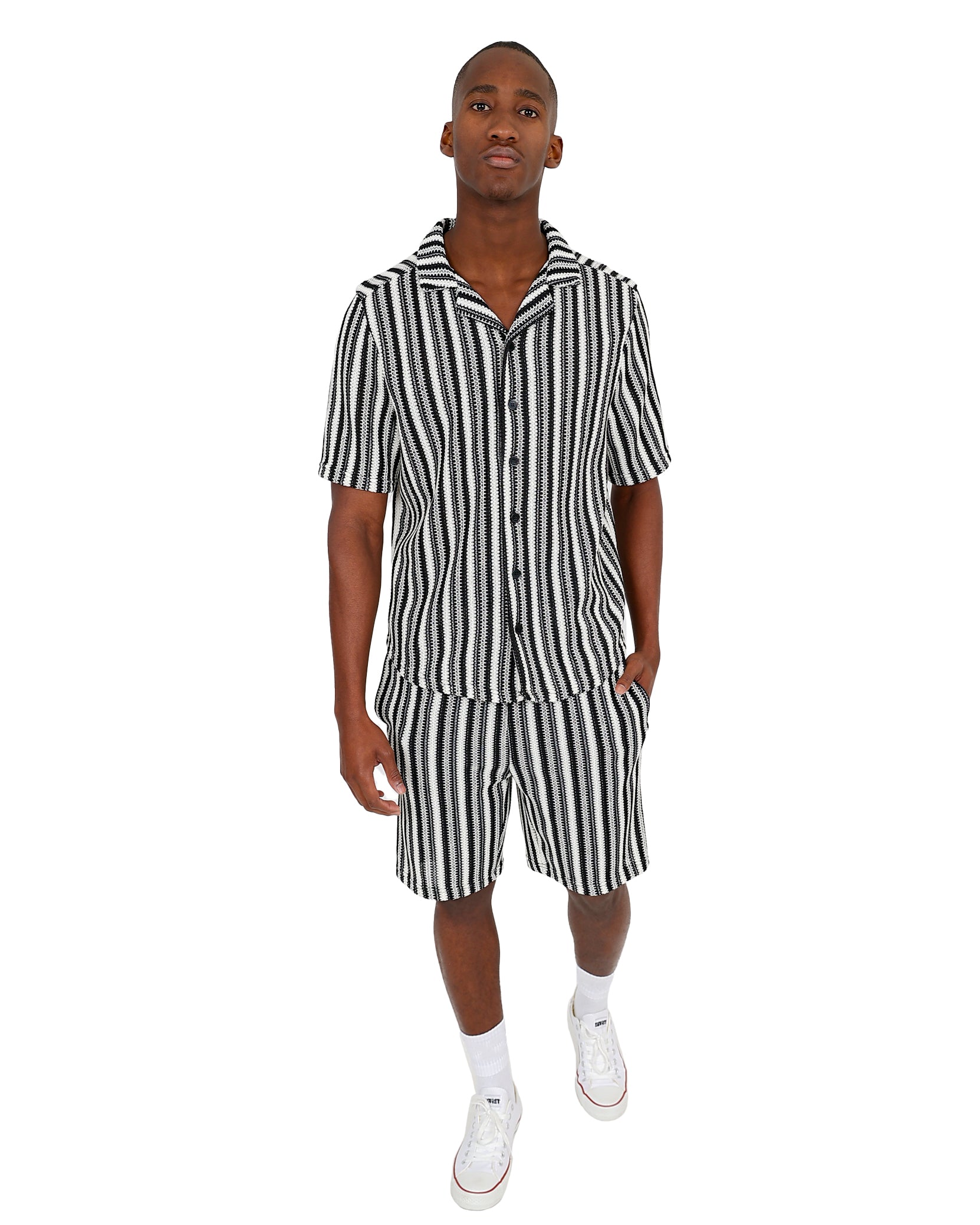 Funk Short Sleeve Black Striped Crochet Shirt