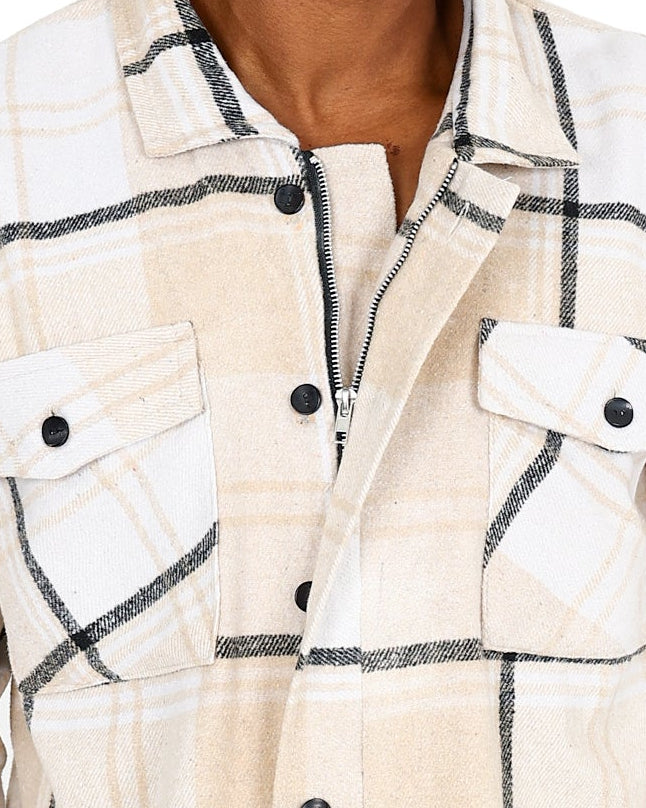 Funk Long Sleeve Stone Zip Up Check Cotton Shacket