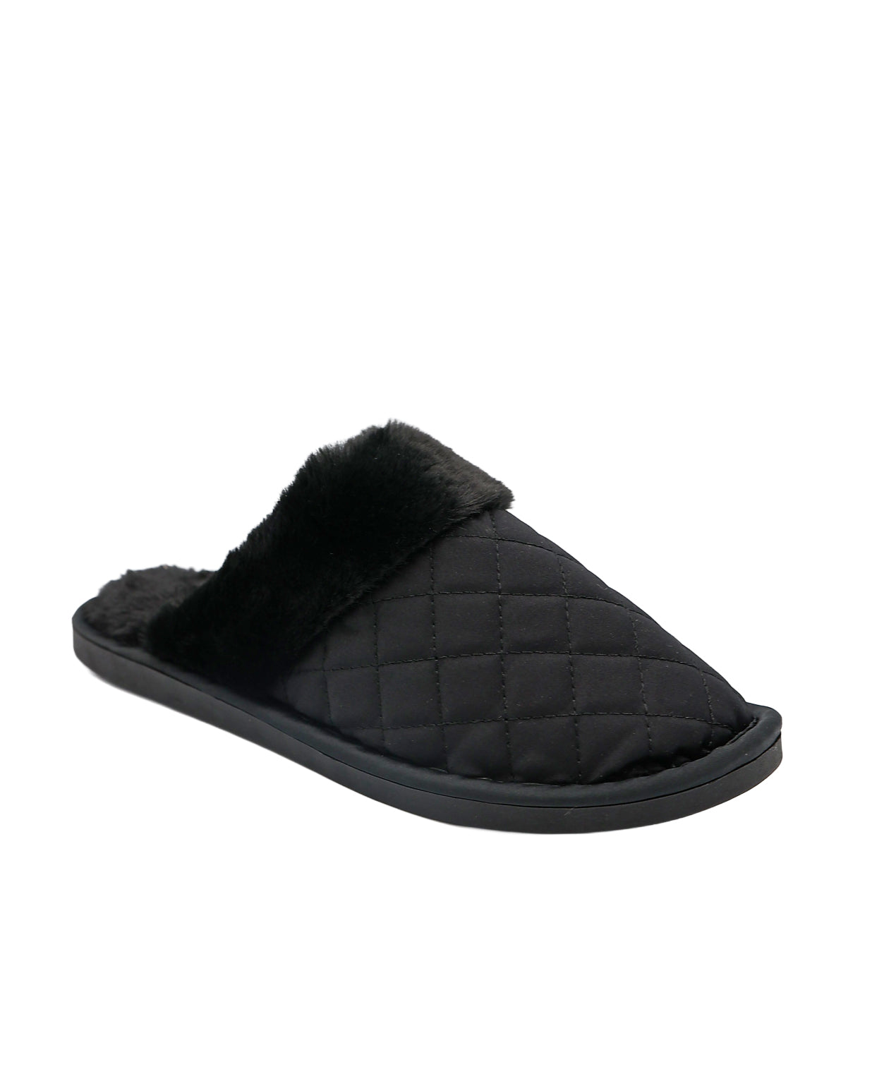 Black Satin Quilted Fur Collar Slippers