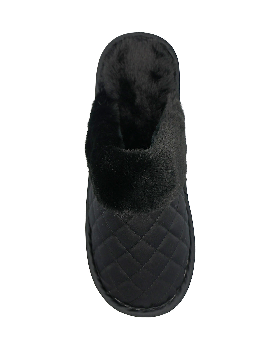 Black Satin Quilted Fur Collar Slippers