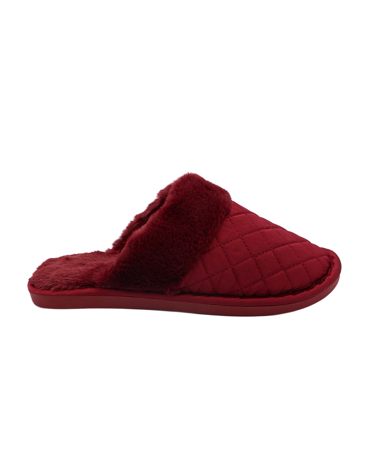 Burgundy Satin Quilted Fur Collar Slipper