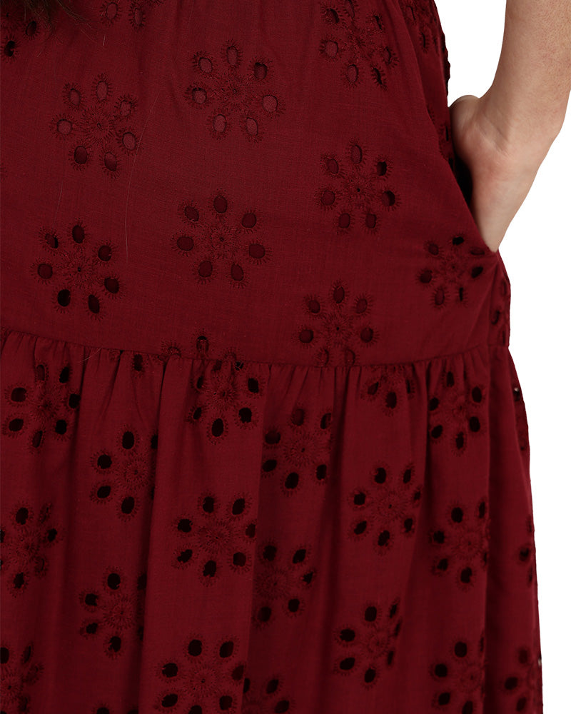 Burgundy Tiered Angaise Maxi Skirt