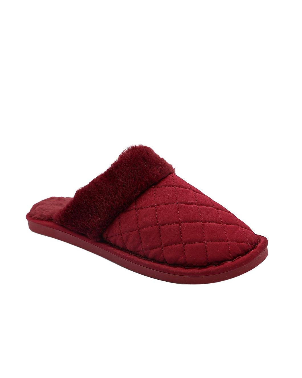 Burgundy Satin Quilted Fur Collar Slipper