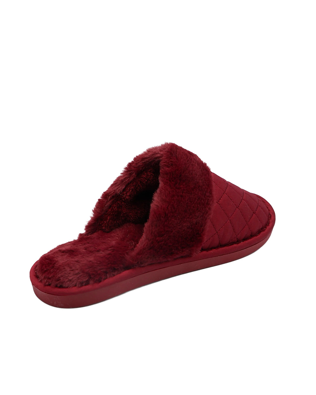 Burgundy Satin Quilted Fur Collar Slipper