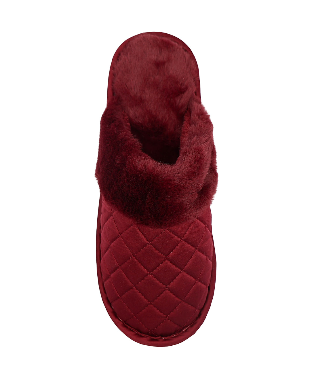 Burgundy Satin Quilted Fur Collar Slipper