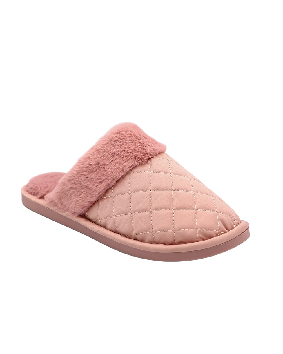 Mink Satin Quilted Fur Collar Slippers
