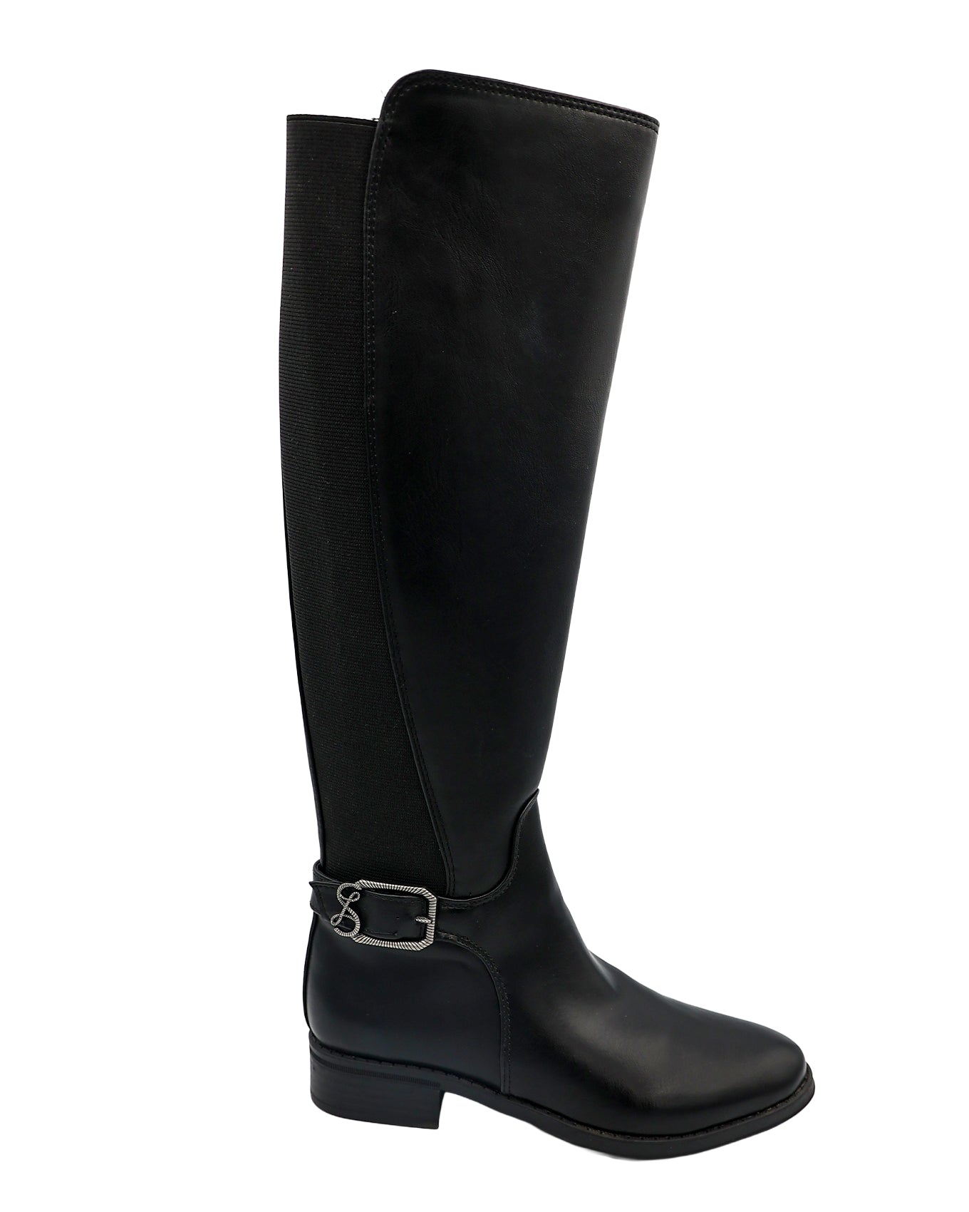 Black Buckle Zip Up Calf Boot