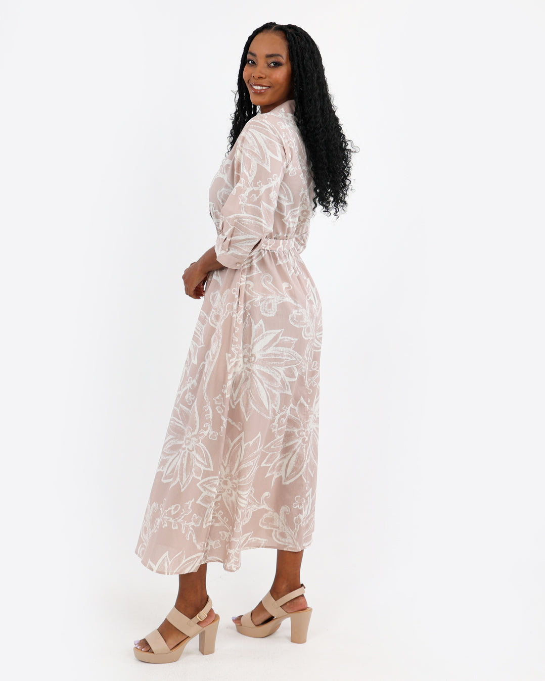 Stone Floral Print Cotton Midi Dress
