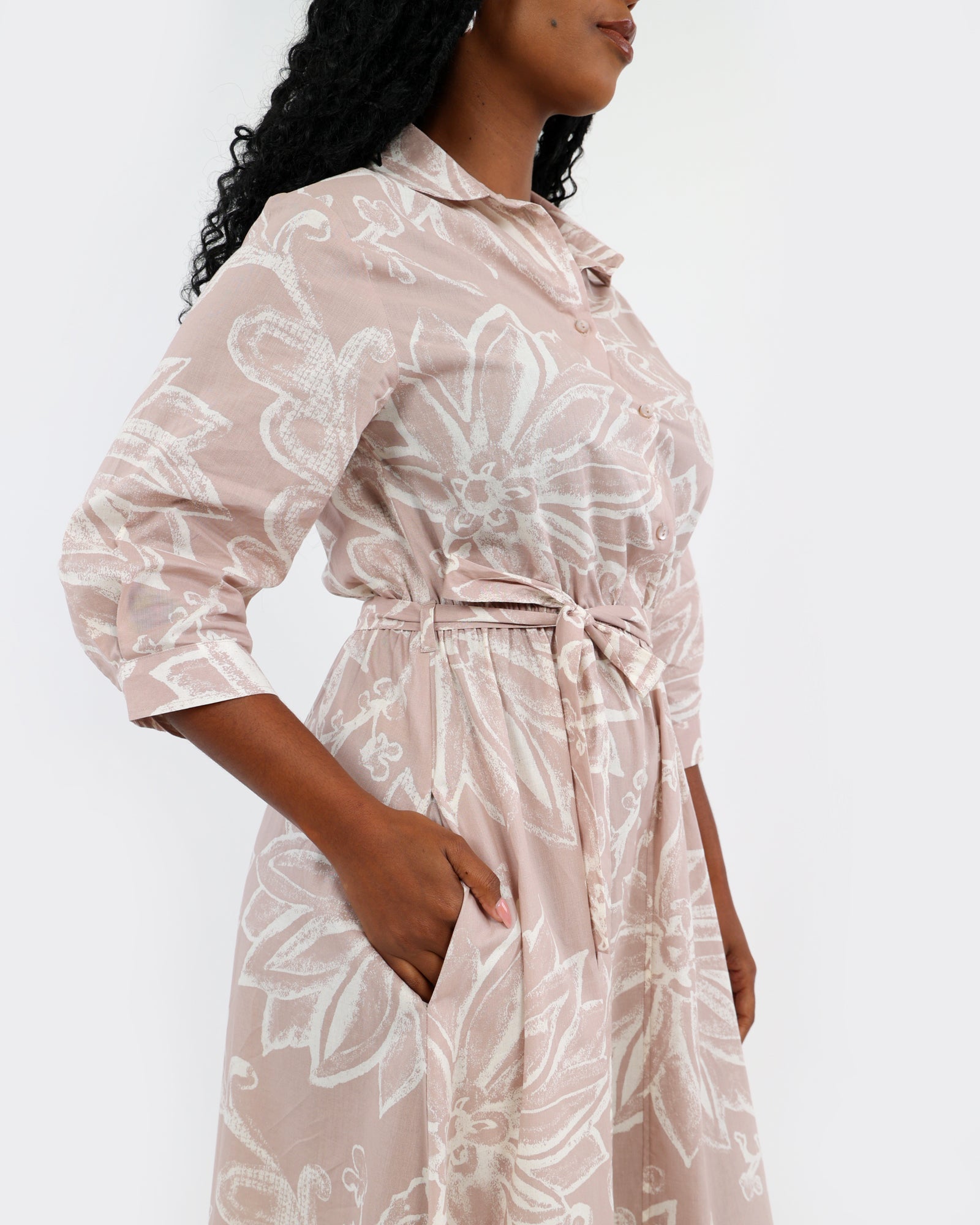Stone Floral Print Cotton Midi Dress