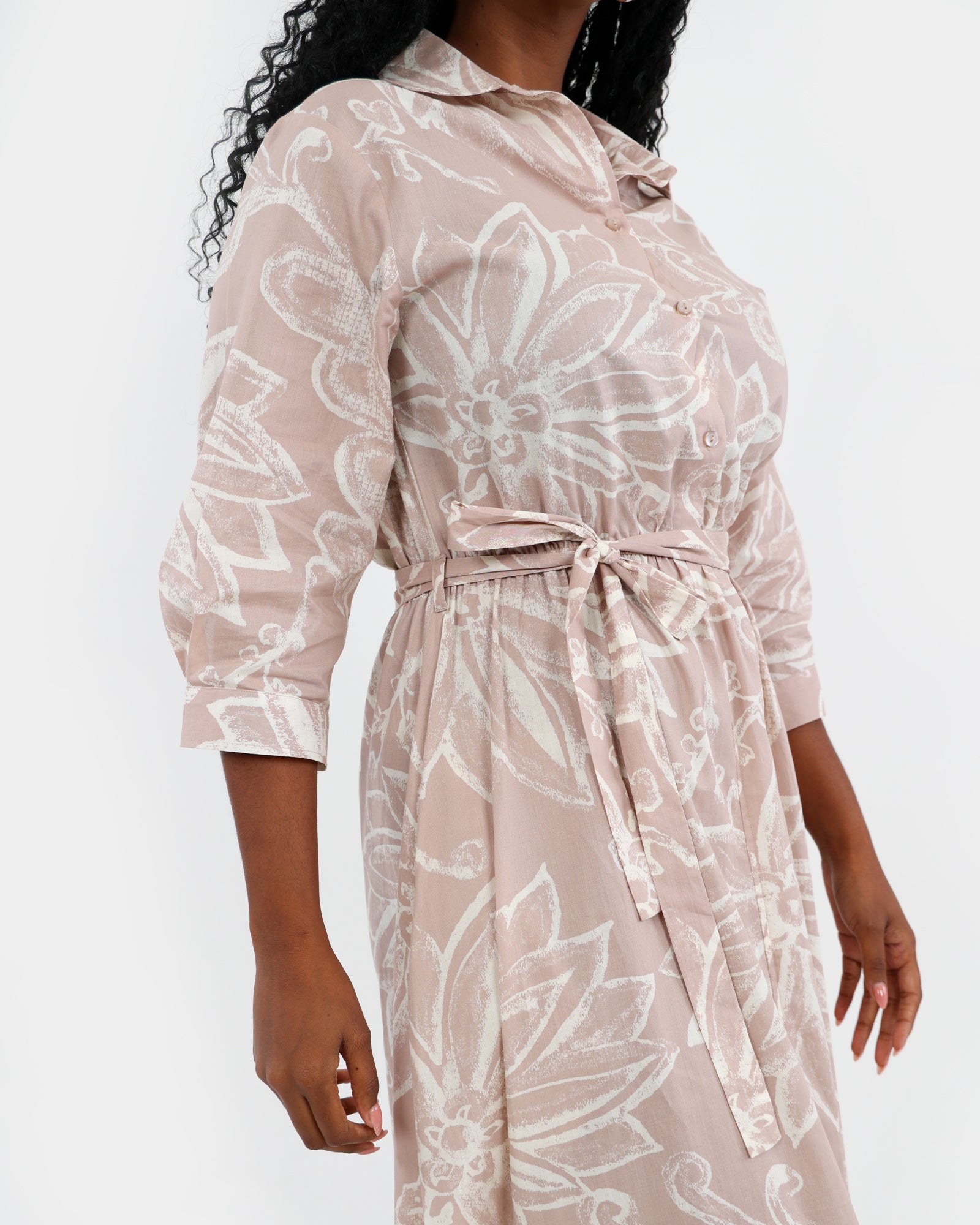 Stone Floral Print Cotton Midi Dress