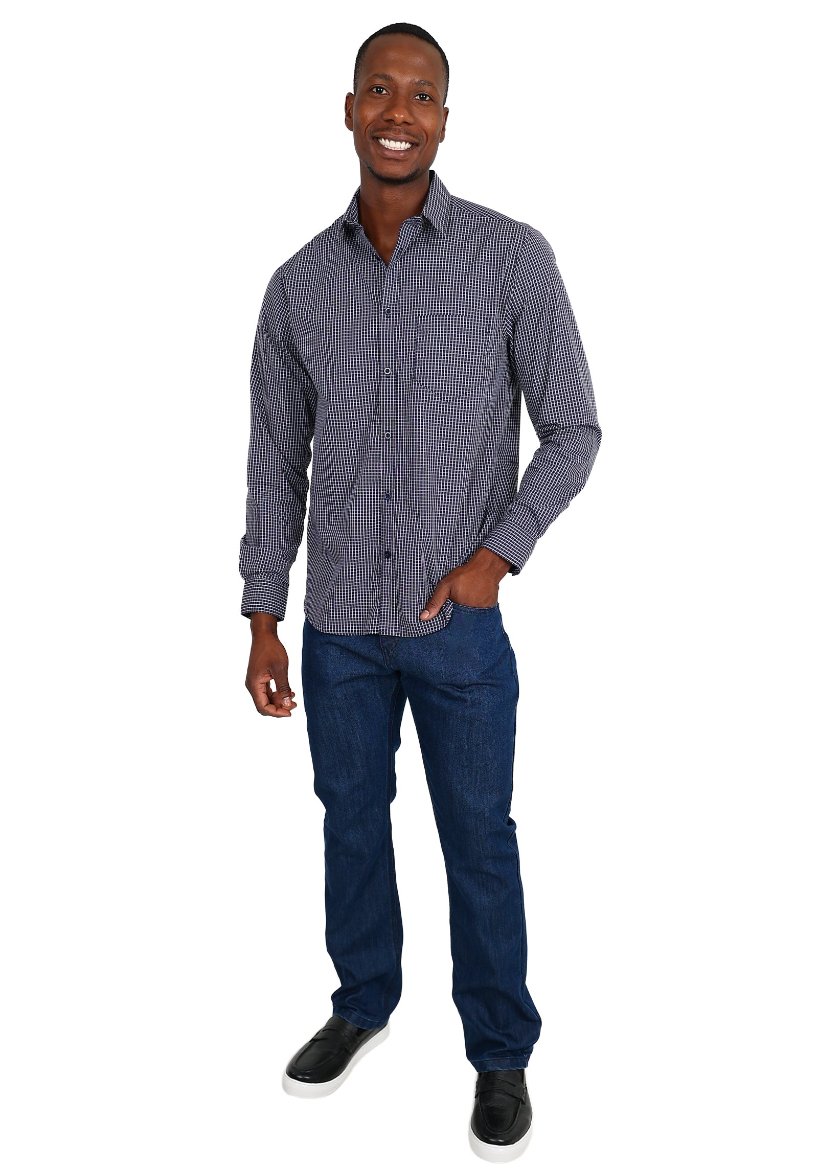 Long Sleeve Navy Check Cotton Rich Casual Shirt