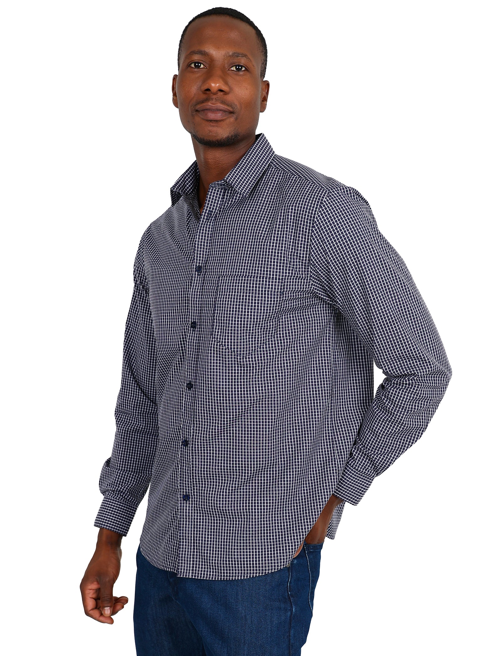 Long Sleeve Navy Check Cotton Rich Casual Shirt