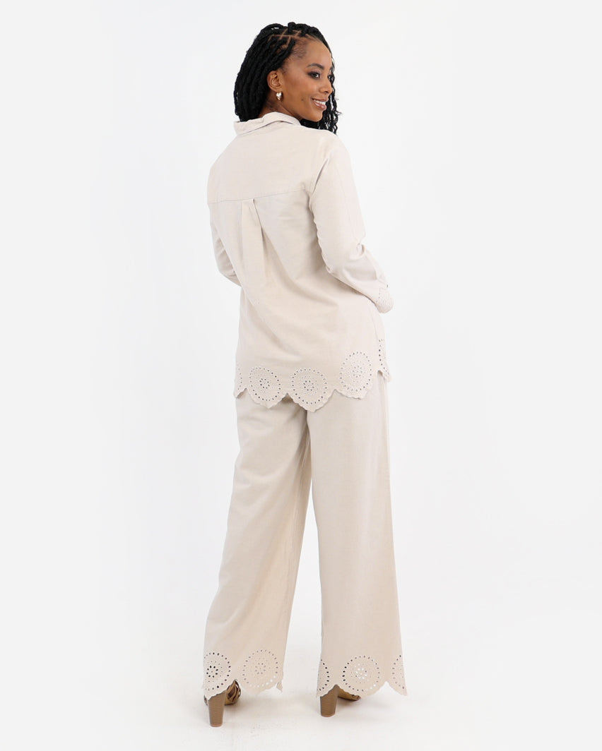Broderie Cut-Out Pants In A Cotton-Linen Blend