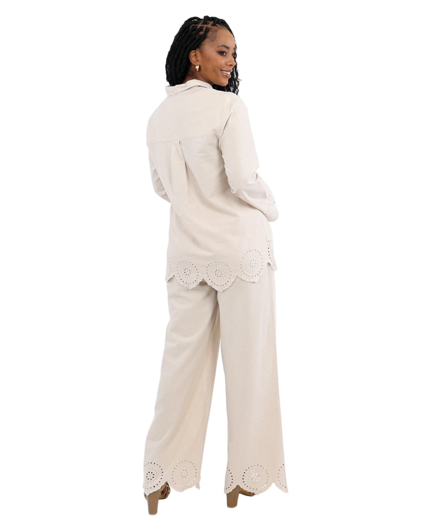Broderie Cut-Out Pants In A Cotton-Linen Blend