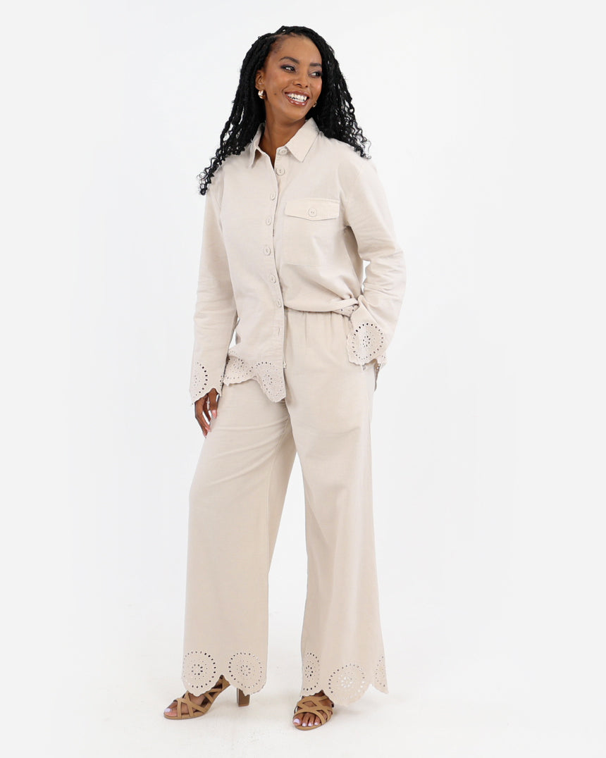 Broderie Cut-Out Pants In A Cotton-Linen Blend