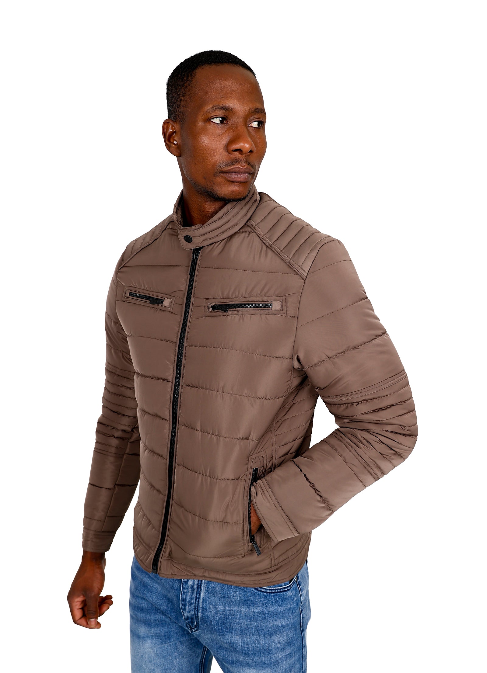 Ferrani Taupe Quilted Biker Style Puffer Jacket