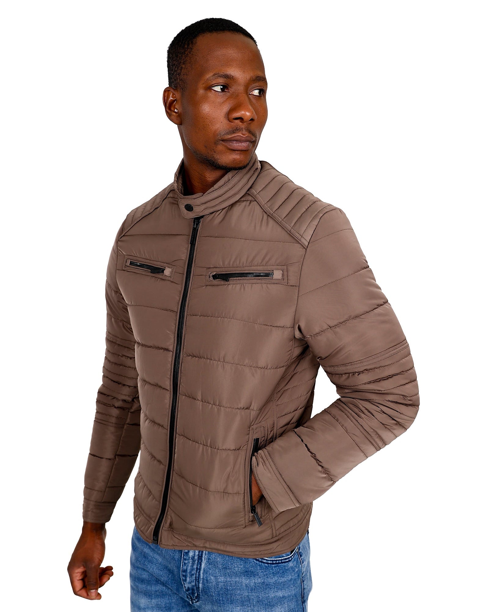 Ferrani Taupe Quilted Biker Style Puffer Jacket