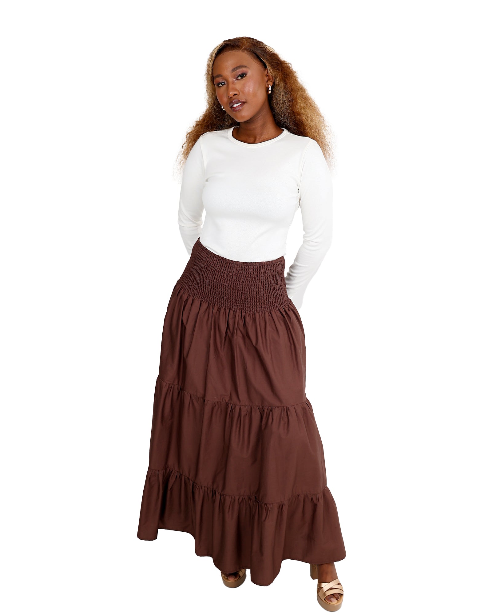 Liora Ruched Waist Tiered Maxi Skirt