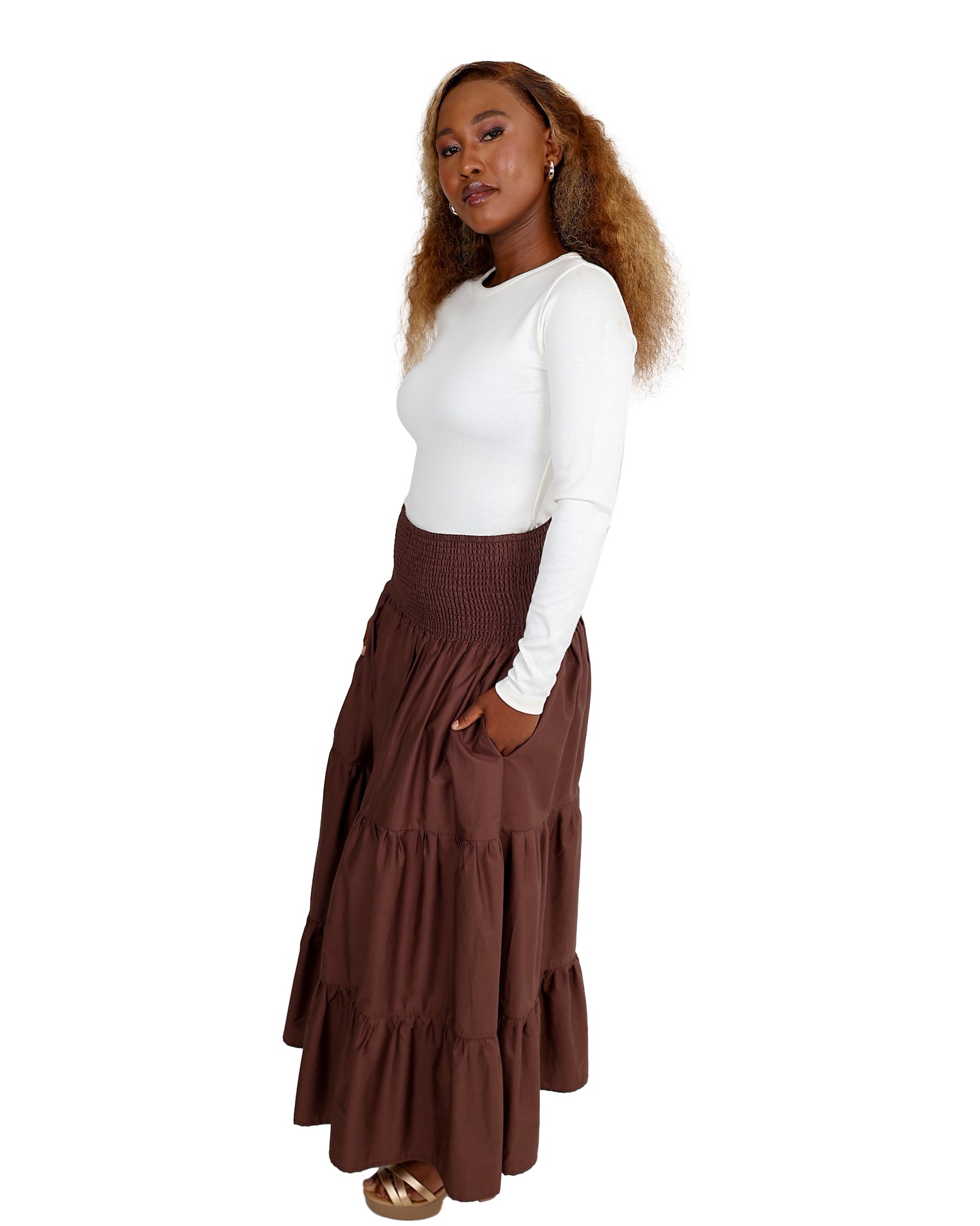 Liora Ruched Waist Tiered Maxi Skirt