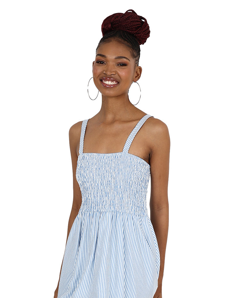 Strappy Blue Seersucker Mini Bubble Dress
