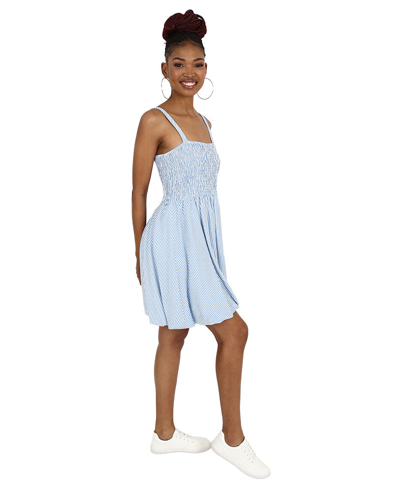 Strappy Blue Seersucker Mini Bubble Dress