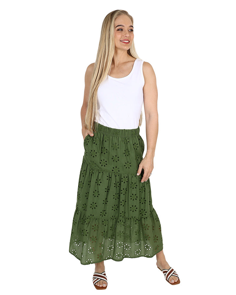 Olive Tiered Angaise Maxi Skirt