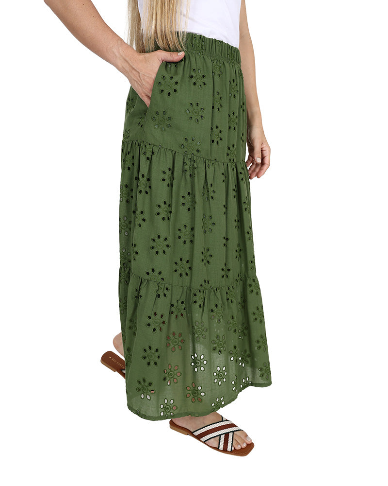 Olive Tiered Angaise Maxi Skirt