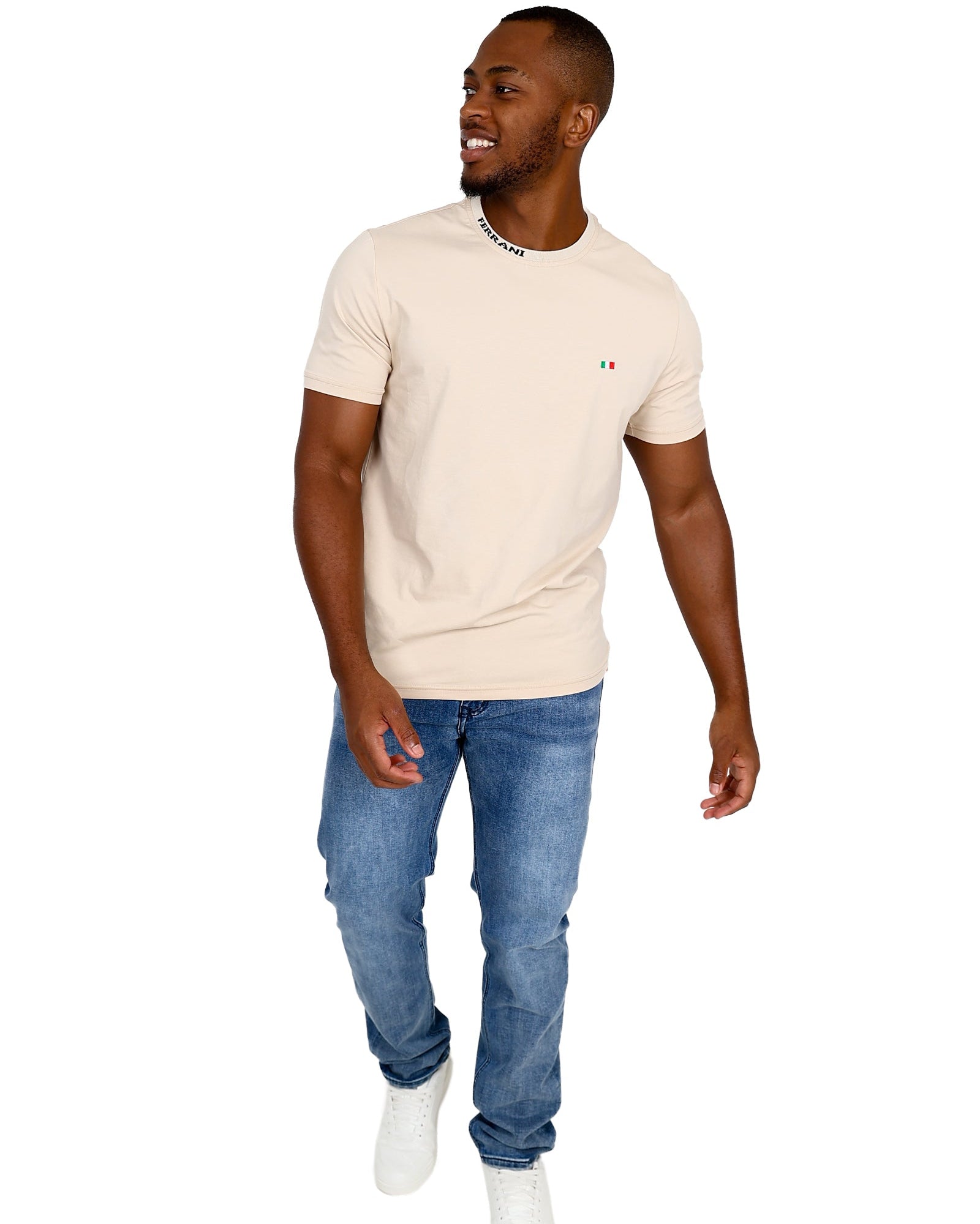 Ferrani Short Sleeve Jacquard Neck Design Cream T-Shirt