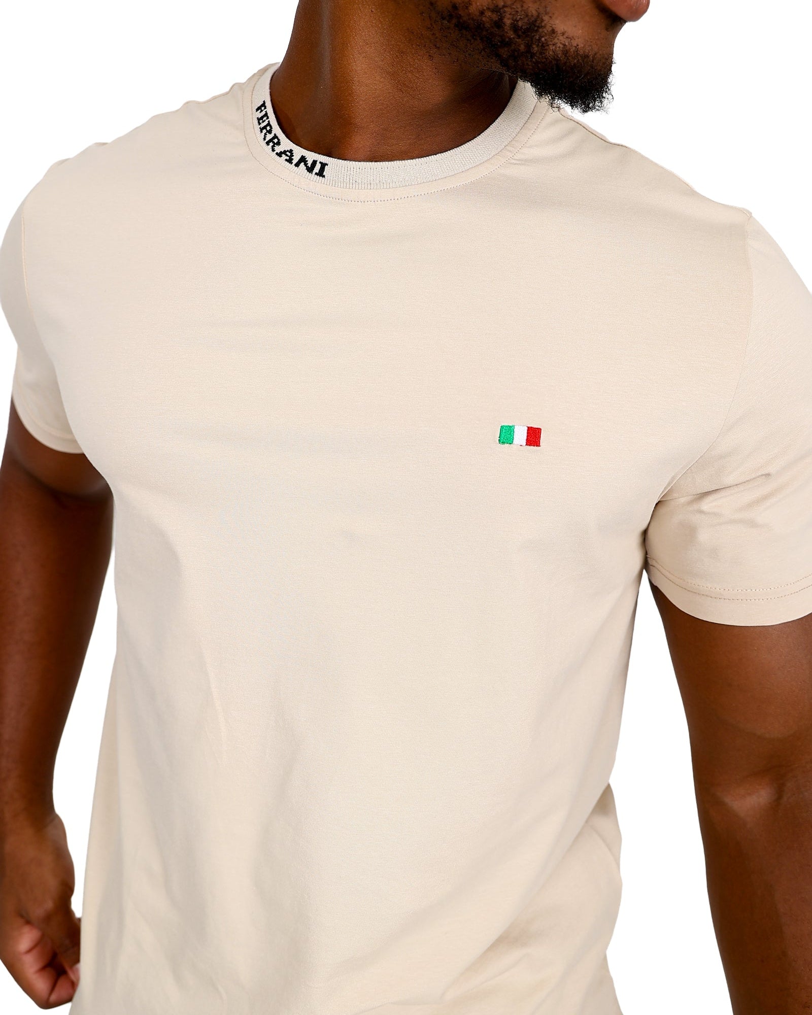 Ferrani Short Sleeve Jacquard Neck Design Cream T-Shirt