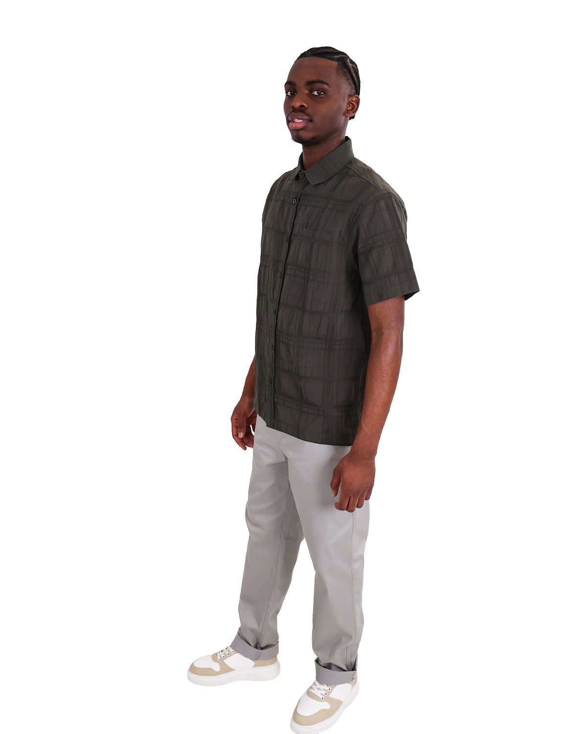 Short Sleeve Olive Check Embroidered Cotton Shirt