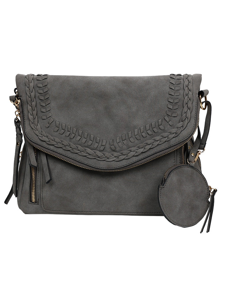 Grey Whipstitch Messenger Handbag