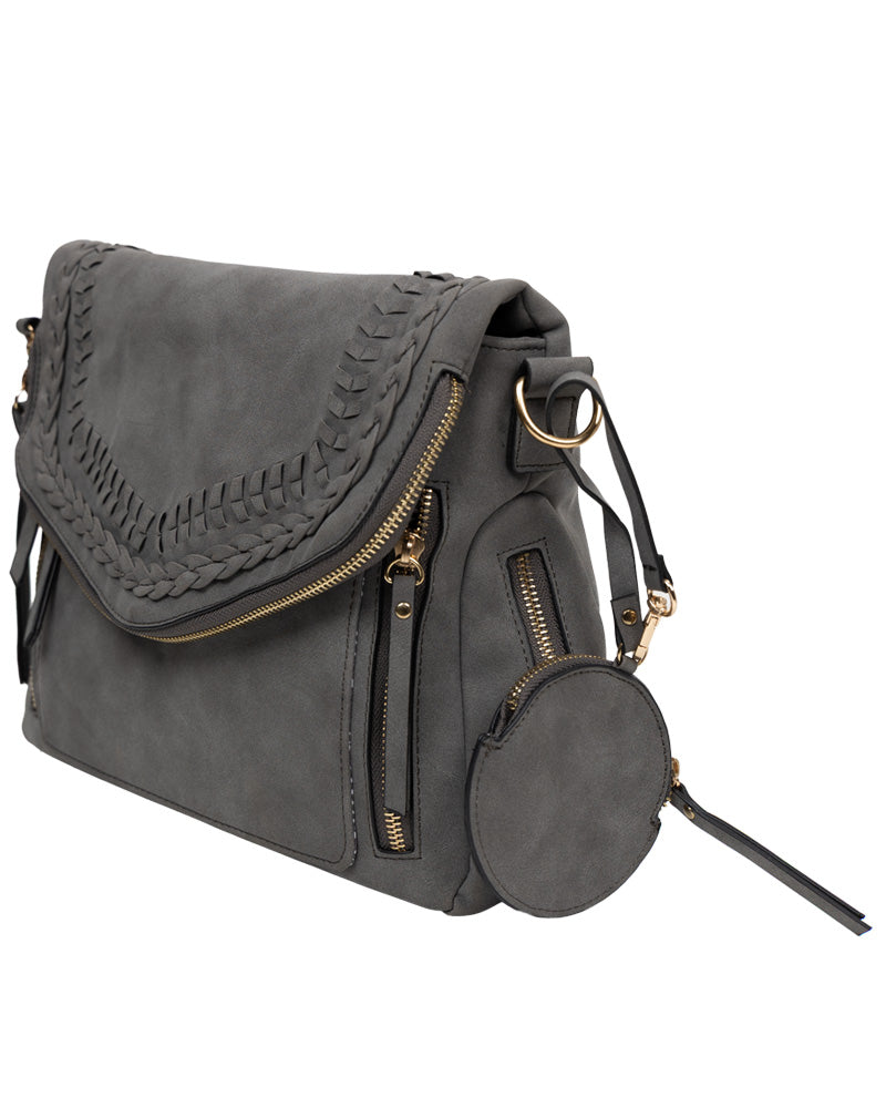 Grey Whipstitch Messenger Handbag