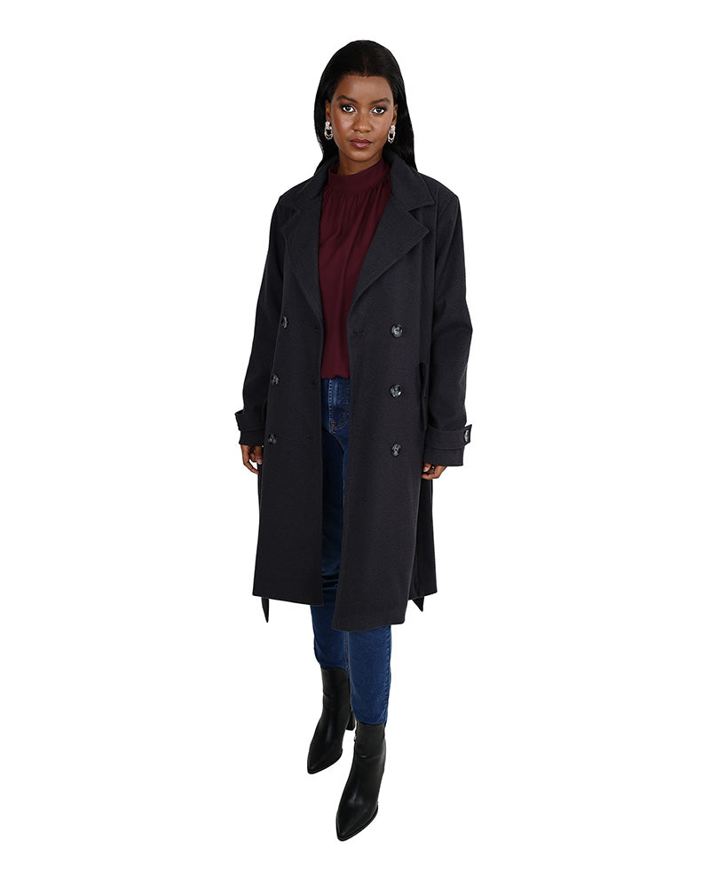 Dark Grey Belted Melton Trench Coat