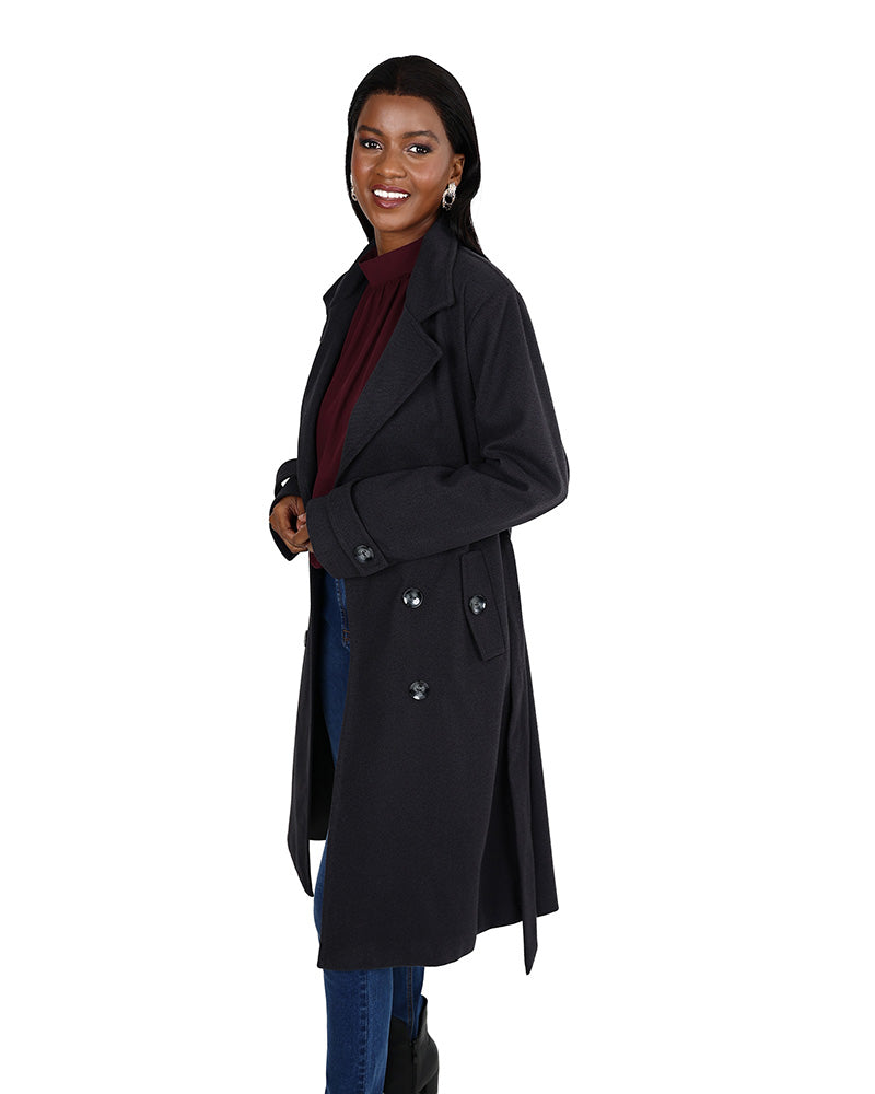 Dark Grey Belted Melton Trench Coat