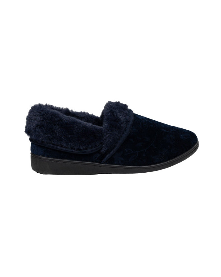 Navy Embossed Fur Collar Mama Slipper