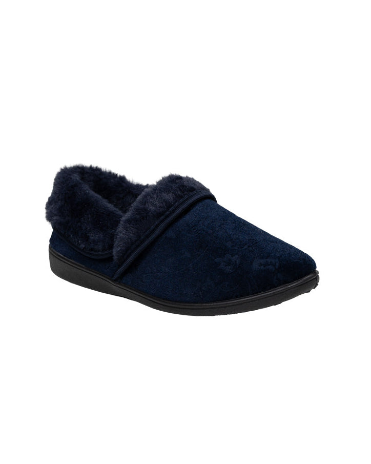 Navy Embossed Fur Collar Mama Slipper