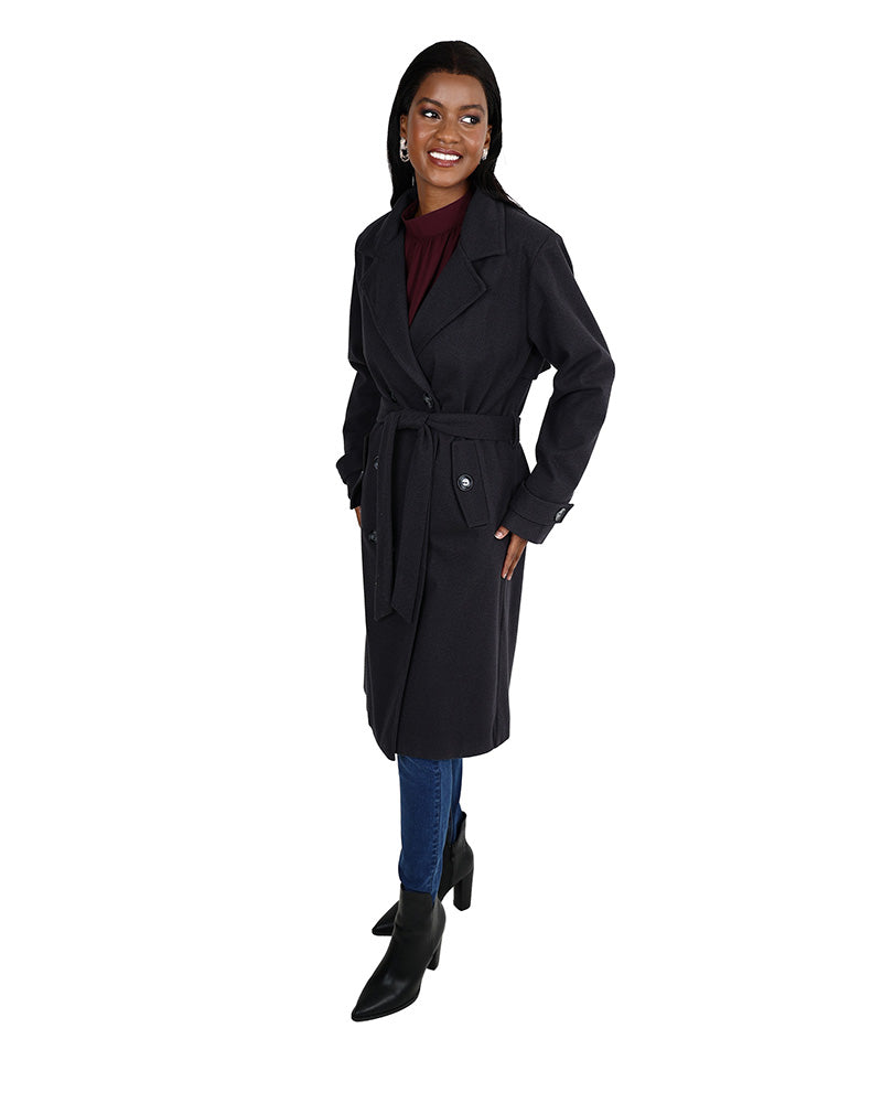 Dark Grey Belted Melton Trench Coat