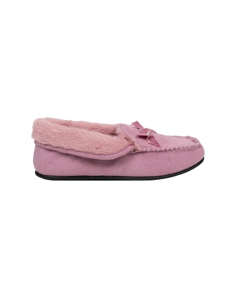 Bow Detail Mink Fur Collar Moccasin Slippers