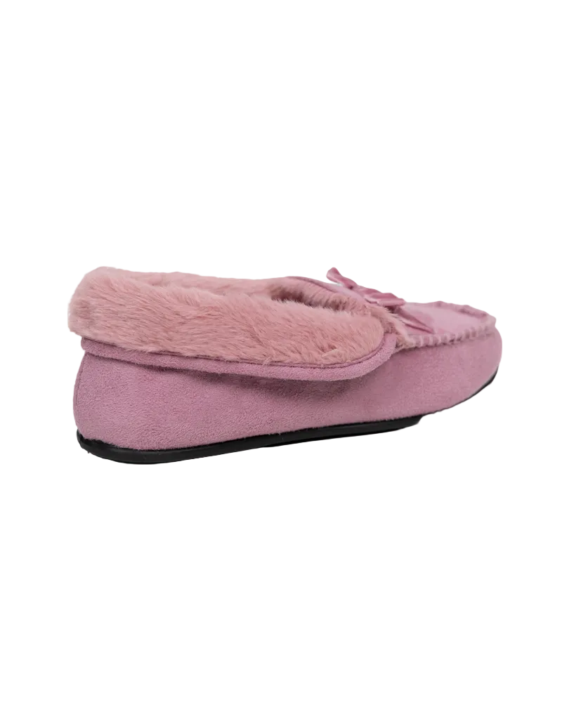 Bow Detail Mink Fur Collar Moccasin Slippers