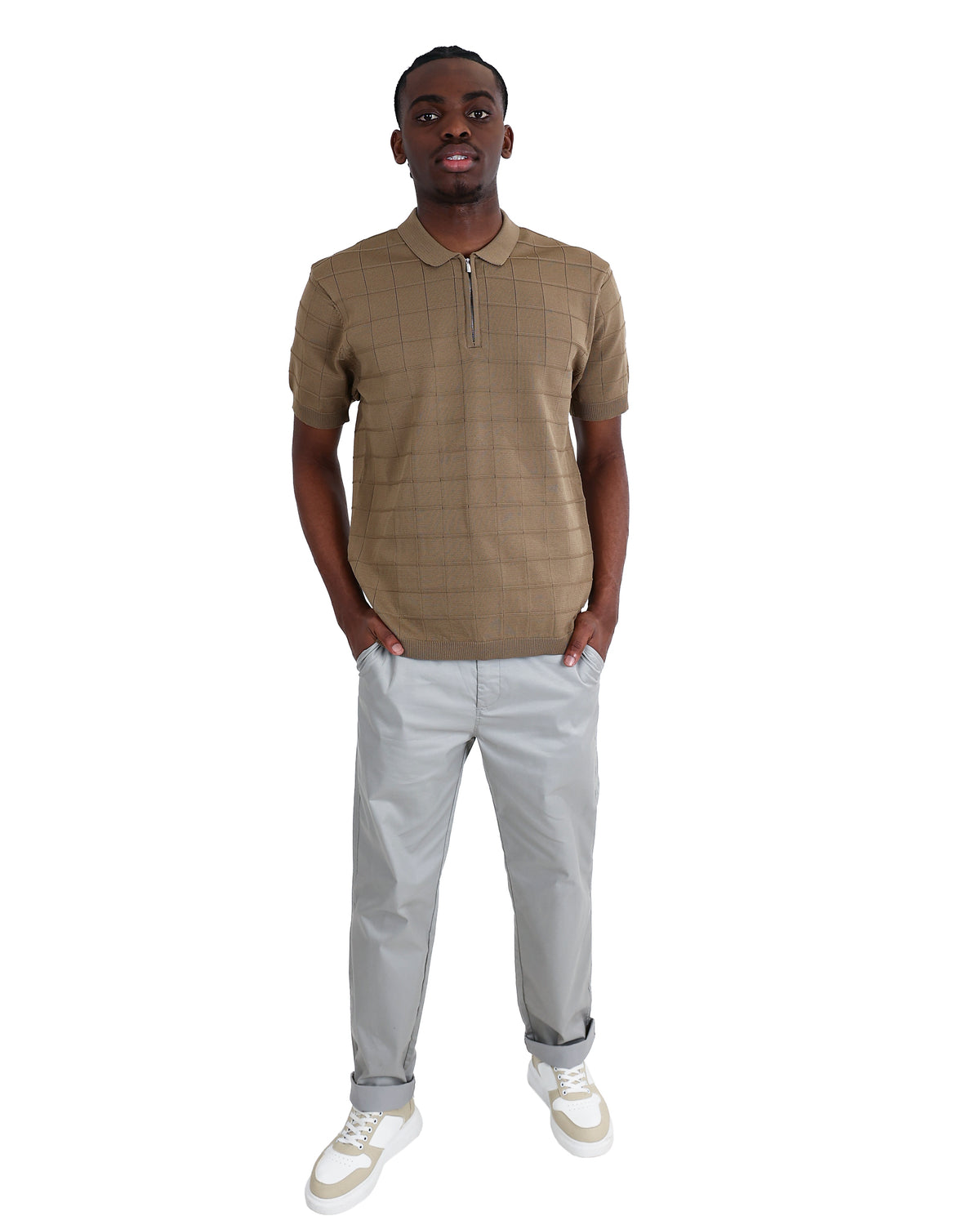 Short Sleeve Beige Zip Placket Golfer