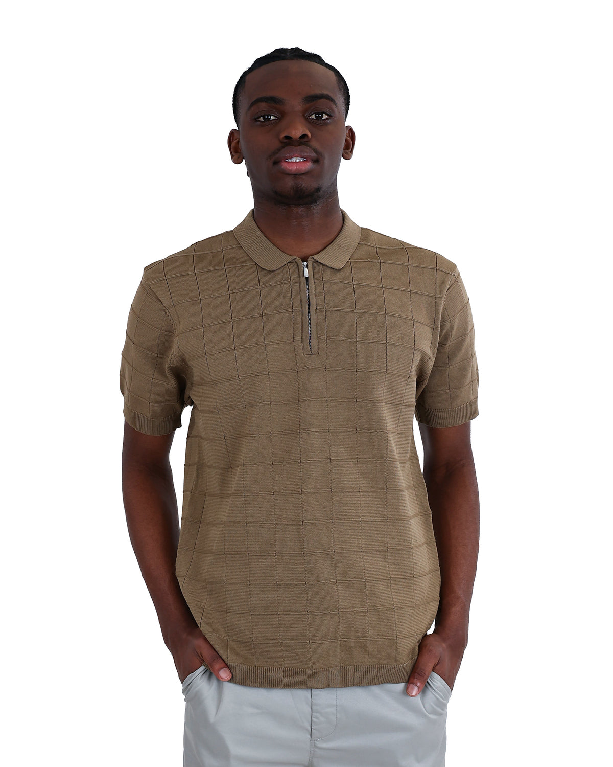 Short Sleeve Beige Zip Placket Golfer