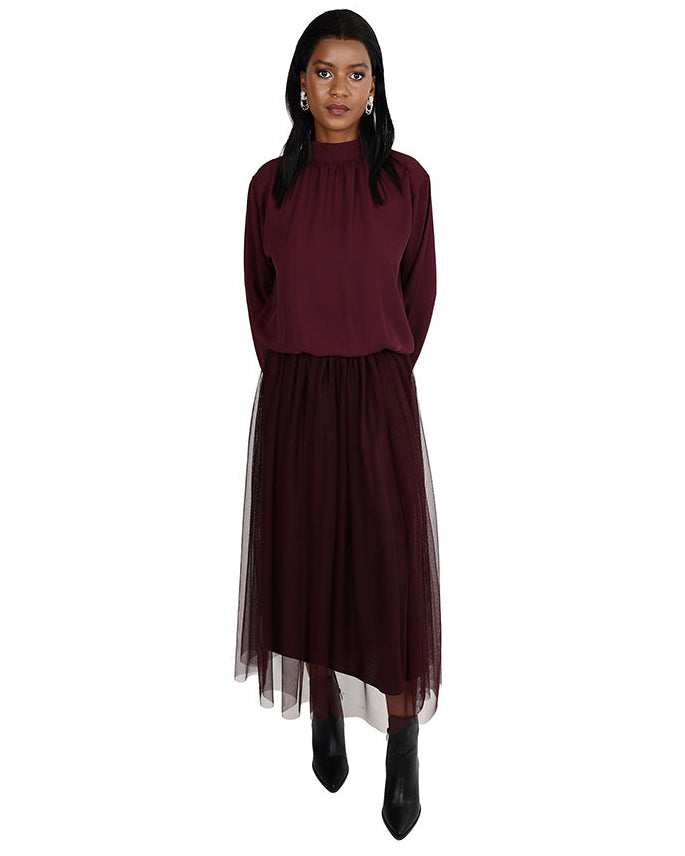 Burgundy Mesh Flared Midi Skirt