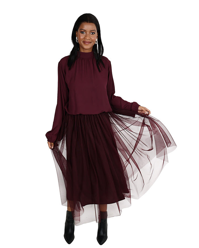 Burgundy Mesh Flared Midi Skirt