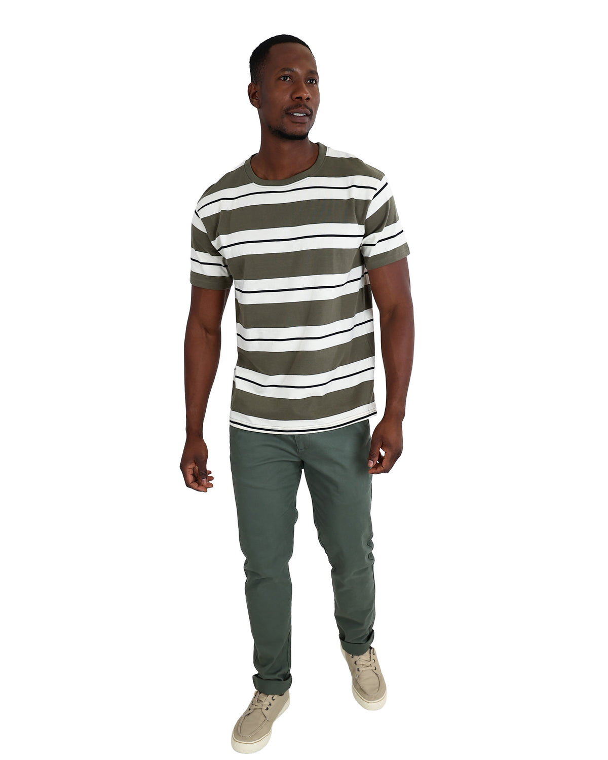 Short Sleeve Olive Wide Stripe Yarn-Dyed T-Shirt