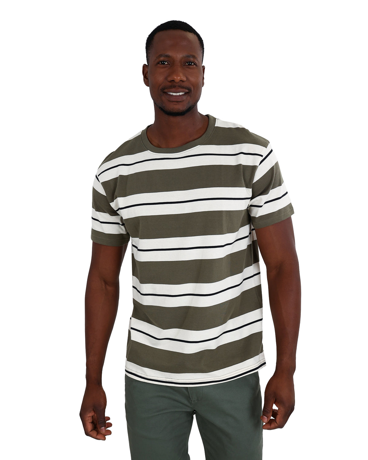 Short Sleeve Olive Wide Stripe Yarn-Dyed T-Shirt