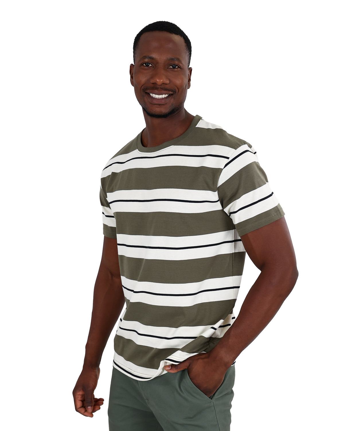 Short Sleeve Olive Wide Stripe Yarn-Dyed T-Shirt