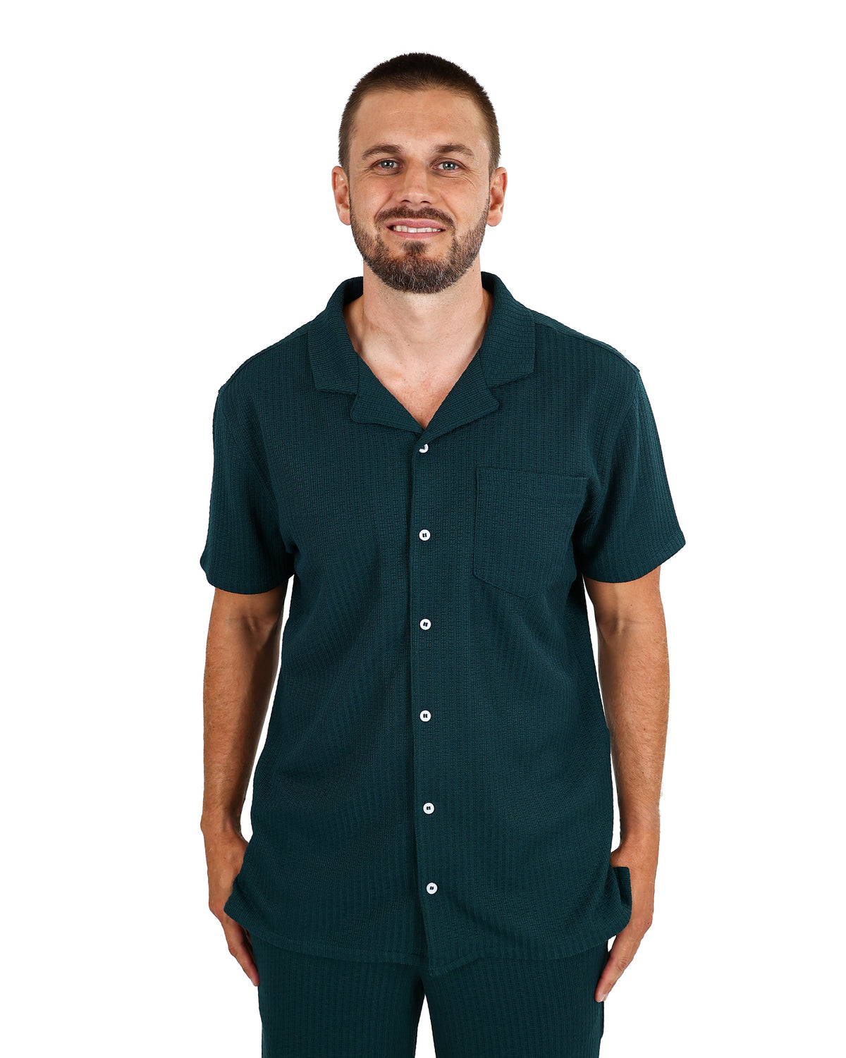 Short Sleeve Bottle Green Textured Shirt