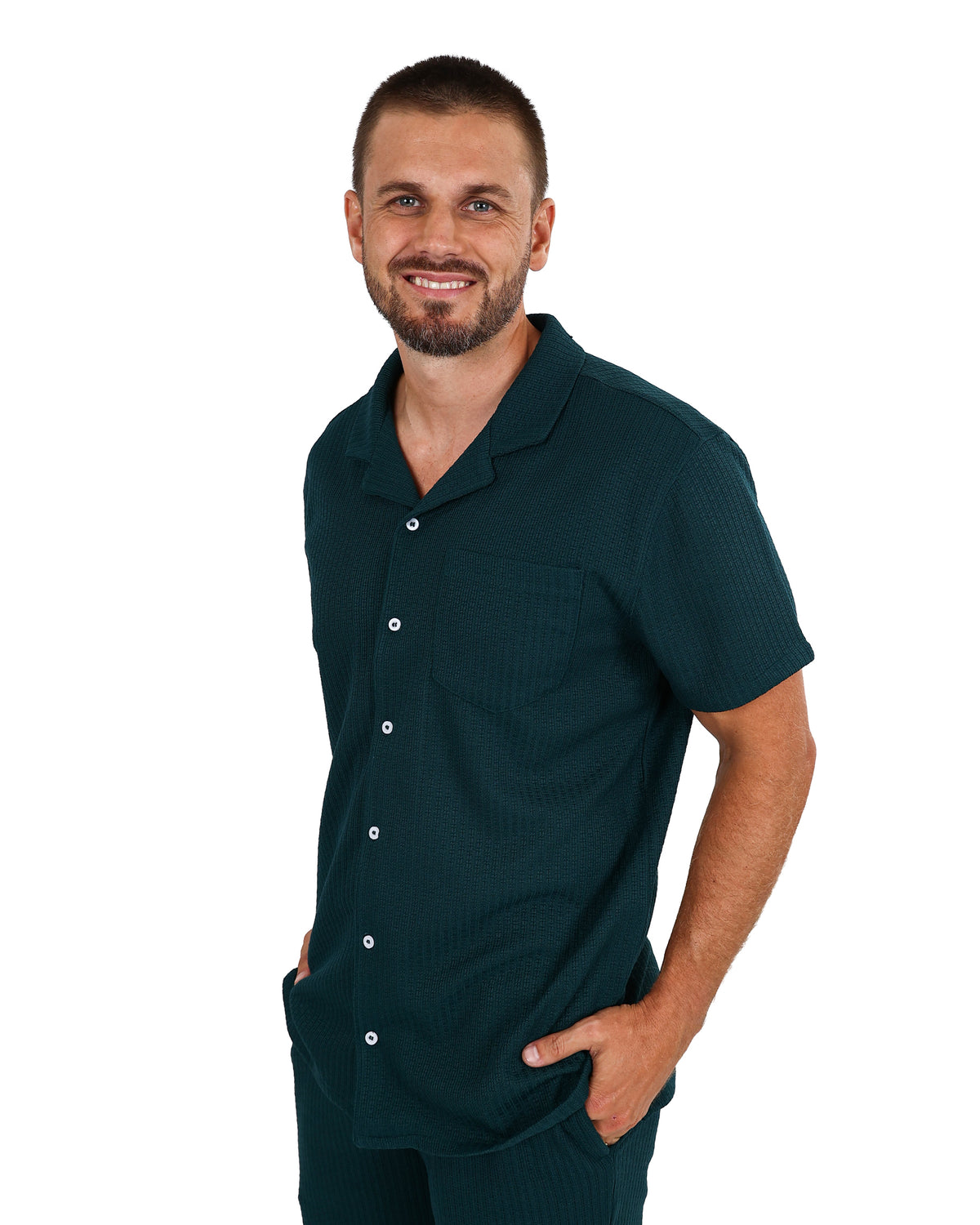 Short Sleeve Bottle Green Textured Shirt
